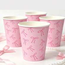 10/25pcs Pink Ribbon Bow Print Disposable Paper Cups, Cute Bowtie Pattern Party Drinking Cups, Tableware For Girl Birthday, Baby Shower, Tea Party, Wedding, Holiday Table Decor Supplies - Multicolor - View 4