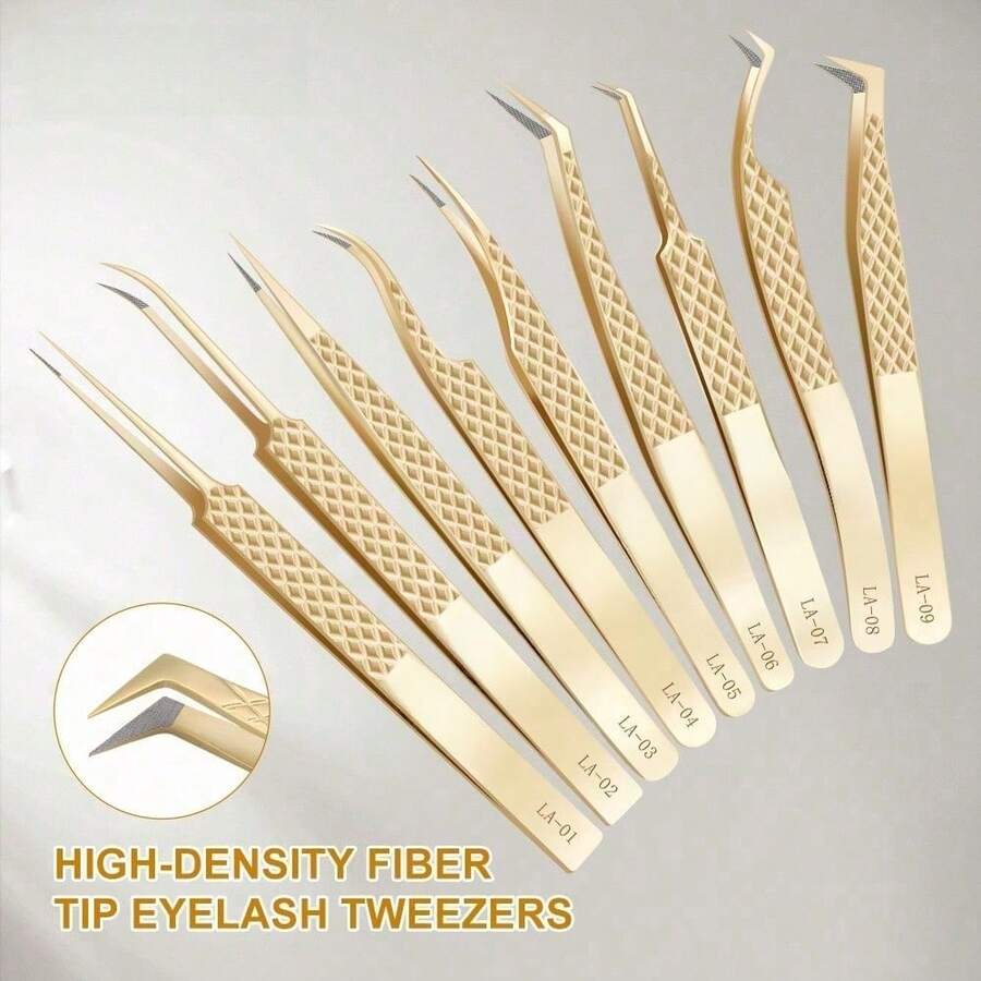 1pc Precision Fiber Tip Tweezers, For Eyelash Extensions, Diamond Texture Non-Slip Premium Gold Stainless Steel - Gold - View 1