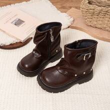 Kids Vintage Buckle & Rivet Decor Mid‑Calf Boots, Stylish Footwear For Daily Outings, Casual Gatherings & Family Trips - Brown - View 1