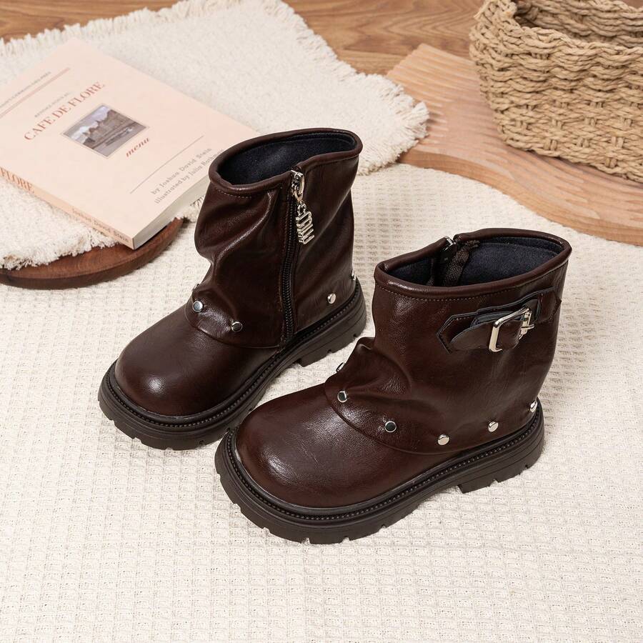 Kids Vintage Buckle & Rivet Decor Mid‑Calf Boots, Stylish Footwear For Daily Outings, Casual Gatherings & Family Trips - Brown - View 1