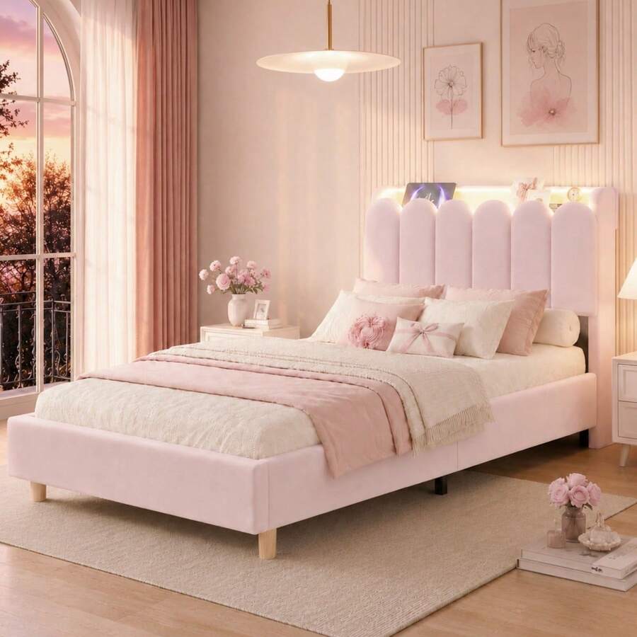 3FT Single Platform Bed Frame 90 X 190, Upholstered Bed With Storage Headboard, Velvet, Light Pink - Light Pink + Velvet + 90cm*190cm - View 1