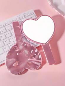 Cute Heart-Shaped Portable Makeup Mirror, Mini Handheld Eyelash Mirror, Specially Designed For Women - Suitable For Travel And Parties. Pink-Silver Ripple Style, Suitable For Student Dormitories, Offices, And Desktops. - Multicolor - View 8