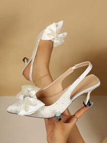 Spring/Summer New Elegant White Women's Pointed Toe Slingback Pumps With Rhinestone Bow, High Heel Sandals For Wedding, Banquet And Versatile Occasions - White - View 2