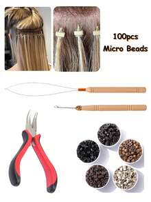 nunify Hair Extention Tool Kits,100Pcs Silicone Lined Micro Links Beads 1pc Remove Pliers 1pc Crochet Needle 1pc Loop Needle Threader Pulling Hook Micro Silicone Rings Bead Device Hair Extension Tools Accessory - 1 Set - View 3