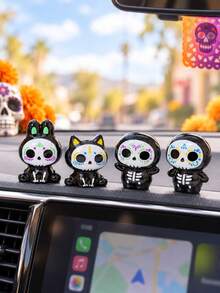 5Pcs Mini Day Of The Dead Sugar Skull Figurines Set, Hand-Painted Colorful Glossy Resin Cute Cartoon Cat Rabbit Skeleton Statues, Spooky Mini Ornaments For Halloween Party, Micro Landscape Fairy Garden, Desktop Shelf Home Office Decoration - A - View 7
