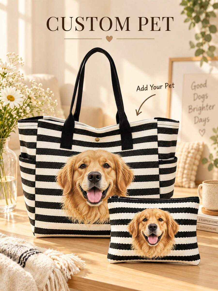 Tas Tote Foto dan Nama Hewan Peliharaan yang Dipersonalisasi, Tas Bahu Kapasitas Besar, Tas Tote Lipat yang Dapat Disesuaikan dengan Logo Nama, Tersedia dalam Berbagai Warna, Tas Bahu Kapasitas Besar Warna Polos, Cocok untuk Kerja - MultiWarna - View 1