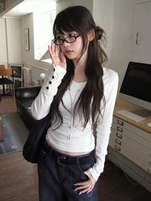 Autumn V-Neck Slim Fit Long Sleeve Base Layer T-Shirt - White - View 1