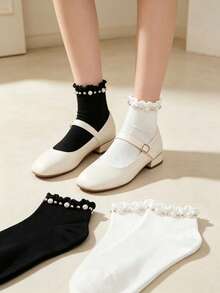 1/3 Pairs Women's Ruffle Cuff Short Socks, Faux Pearl & Rhinestone Decor, Solid Black & White Knit Socks, Sweet & Elegant Style, Soft & Breathable, Suitable For Autumn/Winter, Fashion Accessory, Can Be Paired With Mary Jane Shoes - Multicolor - View 6