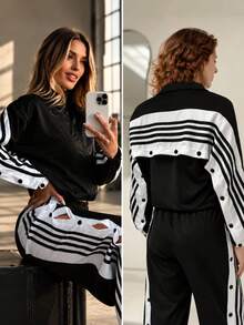Women's Fashion Black & White Long Sleeve Shirt Jacket, Stand Collar Design, Button Detail - Black - View 5