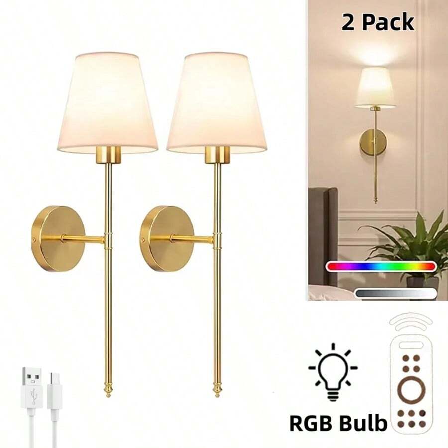 2pcs Battery Operated Wall Sconces, Gold Rechargeable Wall Lamp, Magnetic Detachable, With Remote Control Bulb, RGB Colors And 3 Color Temperatures, Dimmable Cordless Wall Light For Bedroom - Multicolor - View 1