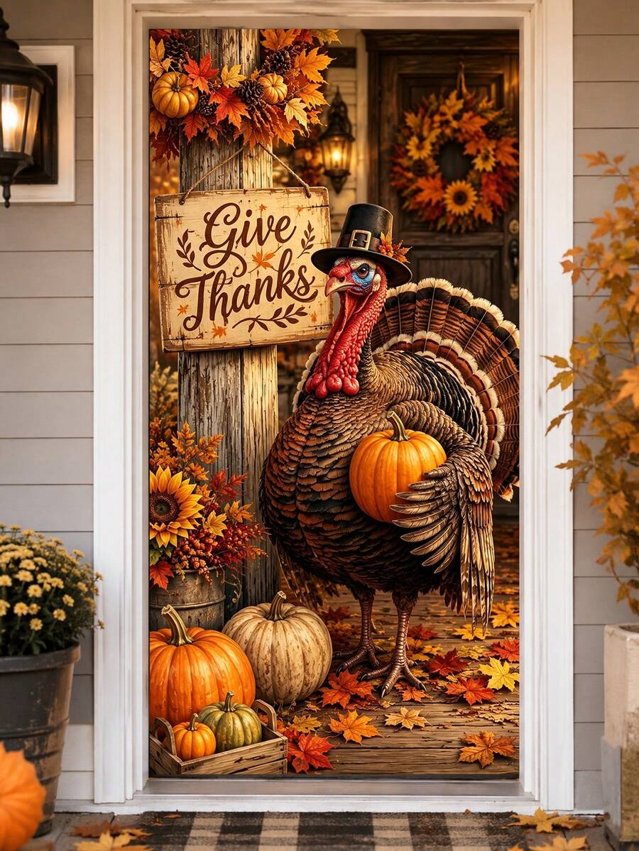 1pc Thanksgiving Turkey Door Curtain Backdrop, Give Thanks Pumpkin Maple Leaf Sunflower Print Polyester Vertical Door Banner, Suitable For Entryway, Front Porch, Farm Theme Party And Autumn Home Decor, Multiple Sizes Available - A - View 1