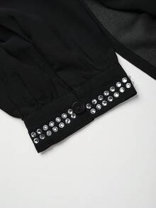 2026 New Luxury Resort Style Rhinestone Decor V-Neck Long Sleeve Sexy Sheer Blouse For Women Black Fall - Black - View 8