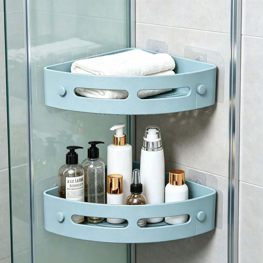 1pc Triangle Corner Shower Caddy, Bathroom Storage Rack, Indoor Shower Shelf, Shampoo Organizer, Kitchen & Bathroom Storage Box, Space-Saving Triangle Corner Shelf, Durable Wall-Mounted Bathroom Shampoo, Soap & Cosmetic Organizer, Easy To Install - Multicolor - View 1