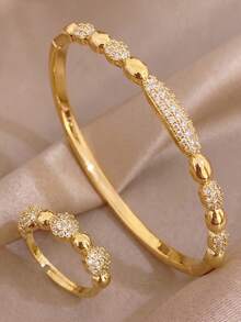 2Pcs Beaded Pave Zirconia Gold-Plated Bangle Ring Set For Women, Minimalist Round Bead Bracelet & Open Ring, Daily Wear Casual Outfit Jewelry Gift - Multicolor - View 3