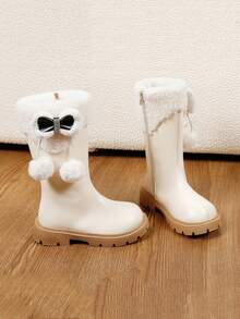 Girls' Tall Boots, Autumn/Winter New Thermal Lined Snow Boots With Bow, Warm Long Boots With Side Zipper, Fashion Riding Boots For Kids - Beige - View 5