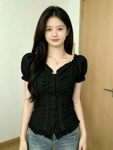 YCYC Korean Style Loose Semi-Sheer Floral Pattern Women's Button Short Sleeve Casual Shirt Black Summer - Black - View 2