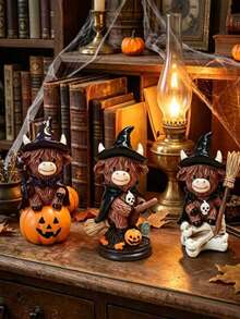 Halloween Highland Cow Wizard Desktop Ornament, Resin Statue With Pumpkin Base, Cute Witch Yak Figurine, Halloween Party Tabletop Decor, Holiday Home Decoration Gift - Magic Cow - View 7
