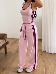 Women's Elegant Vacation Halter Neck Side Stripe Set - Pink - View 7