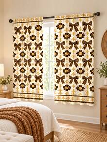 2件裝復古美式鄉村風蝴蝶結與金色花卉印花窗簾，歐式極簡半透桿套式窗飾，適用客廳與臥室，不含窗簾桿，可機洗 - 米白色 - 查看 3