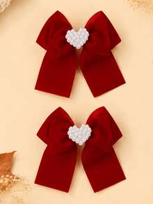 2pcs Bow Hair Clips With Love Pearls For Girls Kids,Elegant Fashion Simple Solid Color Hair Bows,Fall Winter New Year Hair Accessories - Multicolor - View 6