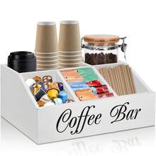 Wooden Coffee Bar Storage Box, Countertop Coffee Corner Organizer, Multi-Compartment Coffee Accessory Storage Rack, Holds Coffee Capsules, Tea Bags, Paper Cups, Straws - White - View 6