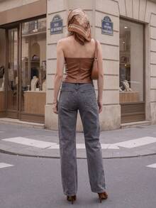 1pc Casual Elegant Snowflake Denim Mid-High Waist Jeans, Office Daily Wear, Spring/Autumn/Winter - Black - View 2