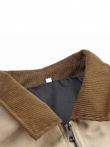 Men's Autumn/Winter Corduroy Patchwork Contrast Color Zipper Placket Casual Versatile Workwear Jacket, Suitable For Daily Outings And Commuting - Khaki - View 5