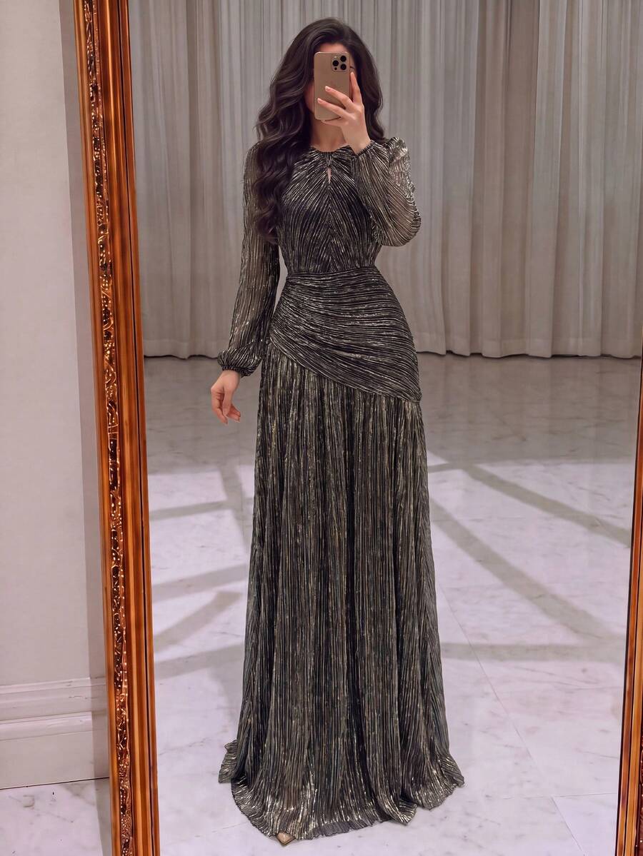 Charming Long Round Neck Evening Dress, Puff Sleeves, Pleated Flowy Skirt, Flattering Silhouette, Suitable For Photos, Beach Vacation, Formal Events - Gold - View 1
