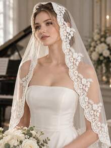 1pc Elegant Vintage Lace Bridal Veil With Metal Comb, Perfect For Vienna Cathedral & Church Weddings - Multicolor - - View 8