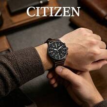 CITIZEN Men's -Drive Chronograph Watch Matte Black Case Direction Compass Markings Multi Sub-Dials Date Display Vintage Brown Stitched Leather Strap - Brown - View 3