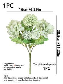 1pc Artificial Hydrangea & Chrysanthemum Mixed Flower Bouquet, Faux Silk Ball Flower Bunch With Green Leaves, Fall Autumn Home Vase Arrangement, Wedding Table Decor - Green - View 3