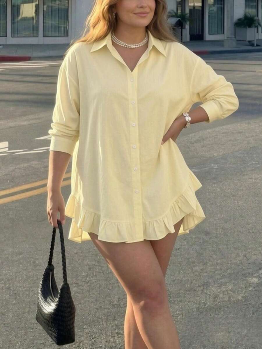 Women's Plus Size Ruffle Button Shirt With Lapel Collar And Long Drop Shoulder Sleeves, Suitable For Spring Wear And Casual - Yellow - View 1