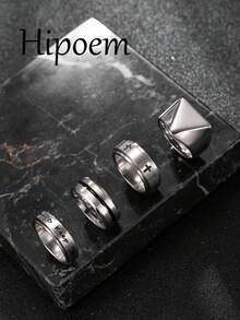 Hipoem 4pcs Fashion Stainless Steel Men's Ring Set With Cross And Triangle Cast Elements, Suitable For Daily Wear, Halloween Party And Holiday Accessories - Silver - View 1