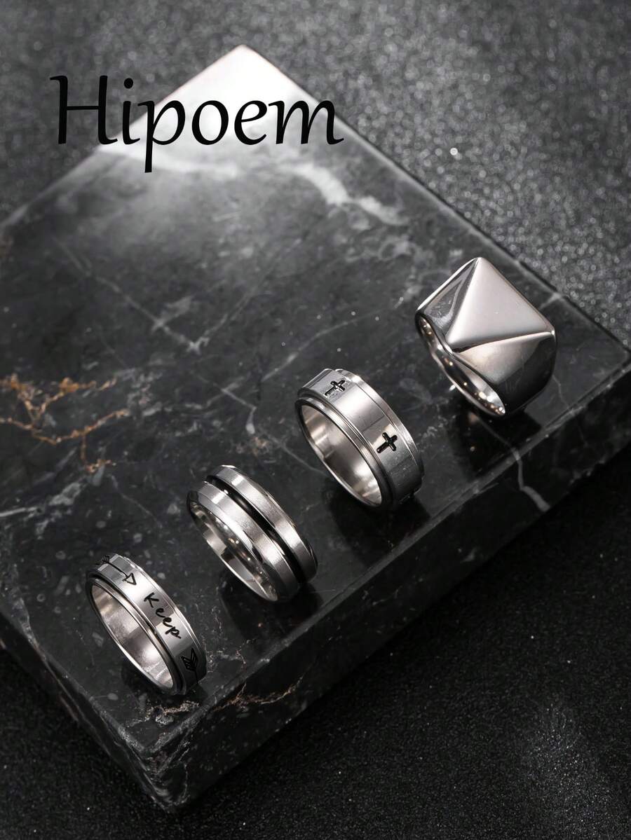 Hipoem 4pcs Fashion Stainless Steel Men's Ring Set With Cross And Triangle Cast Elements, Suitable For Daily Wear, Halloween Party And Holiday Accessories - Silver - View 1
