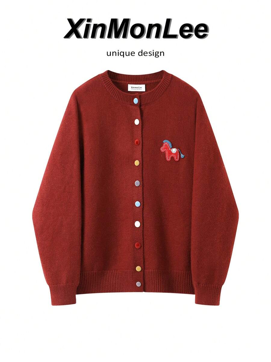 Soft Skin-Friendly Korean Style Round Neck Embroidered Pony Sweater Button Cardigan For Evening Date Office Daily Autumn Winter - Red - View 1