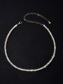 1pc 2mm High-End Hip Hop Style Four-Claw Rhinestone Tennis Chain Necklace, White Gold Adjustable Collarbone Chain, Glossy Finish - Four Claws Full Diamond - View 4