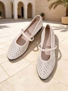 Women Rhinestone Embellished Mary Jane Wedge Heel Shoes, Single Strap Square Toe Textile Upper Soft Low Wedge Sole Casual Daily Wear Shoes - Beige - View 6