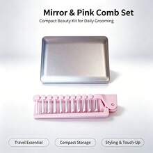 Mini Makeup Mirror & Folding Hairbrush Set, Portable Compact Hand Mirror, Dual-Purpose Foldable Travel Hair Brush Comb, Cute Pocket Size Makeup Kit, Suitable For Handbag, Travel, Daily Touch-Ups, Women's Travel Accessory Gift Set - Multicolor - View 9