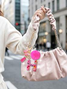 1pc Pink Letter Keychain, Initial Letter Car Key Chain Pendant, Cute Butterfly Tassel Fur Ball Charm For Girls Bag Key Ring Accessory, Halloween Gift Decoration, Suitable For Decorating Handbags, Wallets, Backpacks, Valentine's Day, Bachelorette Party Gift - Hot Pink - View 4