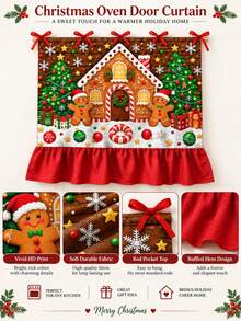 Christmas Gingerbread House Oven Door Curtain, Scalloped Edge Gingerbread Man & Christmas Tree Print Oven Handle Cover With Red Ribbon Tie, Kitchen Holiday Decor - Christmas Gingerbread House - View 9