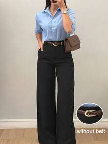 Elegant Women's Black Straight Leg Pants, Autumn With Snap Button And Pocket Design - Black - View 6