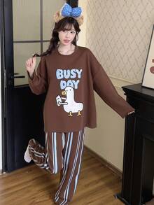 2pcs/Set Women's Spring/Autumn Casual Cartoon Sweat-Absorbent Breathable Round Neck Long Sleeve Long Pants Pajamas Homewear, Fall Clothes For Women - Brown - View 4