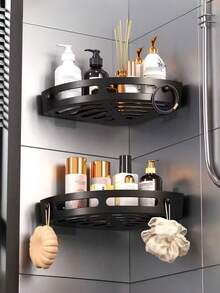 1/2pcs Plastic Triangle Shower Caddy, Black Fan-Shaped Corner Shelf, Self-Adhesive Wall-Mounted Balcony Shower Corner Rack, Bathroom Washroom Kitchen Toiletries Storage Rack - Multicolor - View 13