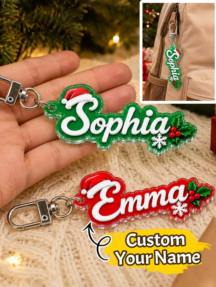 Custom Santa Hat Letter Keychain, Personalized Christmas Key Chain, Festive Bag Charm, Customized Name Holiday Keychains, Customizable Gift - Style F - View 1