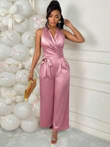 Women's Elegant 2 Pieces Set, Layered Neckline Fitted Cropped Top With High-Waisted Wide Leg Pants - Pink - View 7