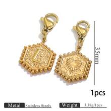 1pc Stainless Steel Gold Plated Hexagonal Letter Charm With Lobster Clasp, Alphabet Heart Pattern Pendant, DIY Keychain Bag Charm Accessories - one-size - View 44