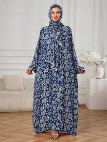 Women's Navy Blue Ditsy Floral Abaya Dress With Matching Ruffle Trim Hooded Hijab, Long Sleeve Loose Long Ramadan Prayer Robe For Ramadan And Eid - Royal Blue - View 1
