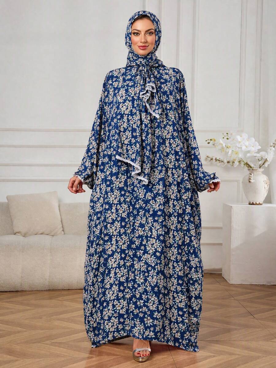 Women's Navy Blue Ditsy Floral Abaya Dress With Matching Ruffle Trim Hooded Hijab, Long Sleeve Loose Long Ramadan Prayer Robe For Ramadan And Eid - Royal Blue - View 1
