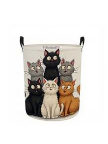 Large Capacity Foldable Cat Laundry Basket With Handle - Cute Tabby Cat Face Storage Bin, Dirty Clothes Organizer, Portable Polyester Storage Bag, Suitable For Bedroom, Dorm, Room - Space-Saving Laundry Basket, Essential Home Helper - Multicolor - View 13