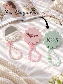 Custom Name Print Custom Hand Mirror, Cute Flower Shape Compact Mirror, Beaded Wrist Strap Keychain Mirror, Women's Gift, Best Gift For Mom And Teacher, Perfect For Birthday, Work, Commute, Outdoor, Travel, Christmas Gift - Multicolor - View 1